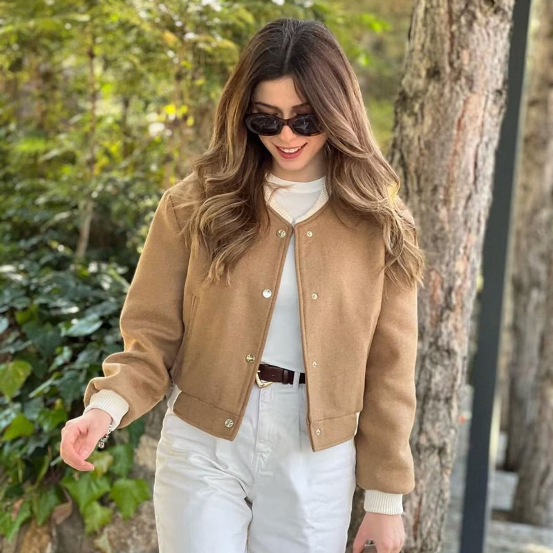 Women Jacket Casual Stand Collar Double Pocket Motorcycle Flight Jacket