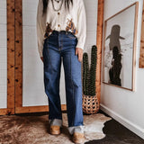 Women's wide-leg jeans: spring/summer collection - high-waisted, slimming, vintage-style, cuffed hem, center seam design, straight-leg denim pants for women