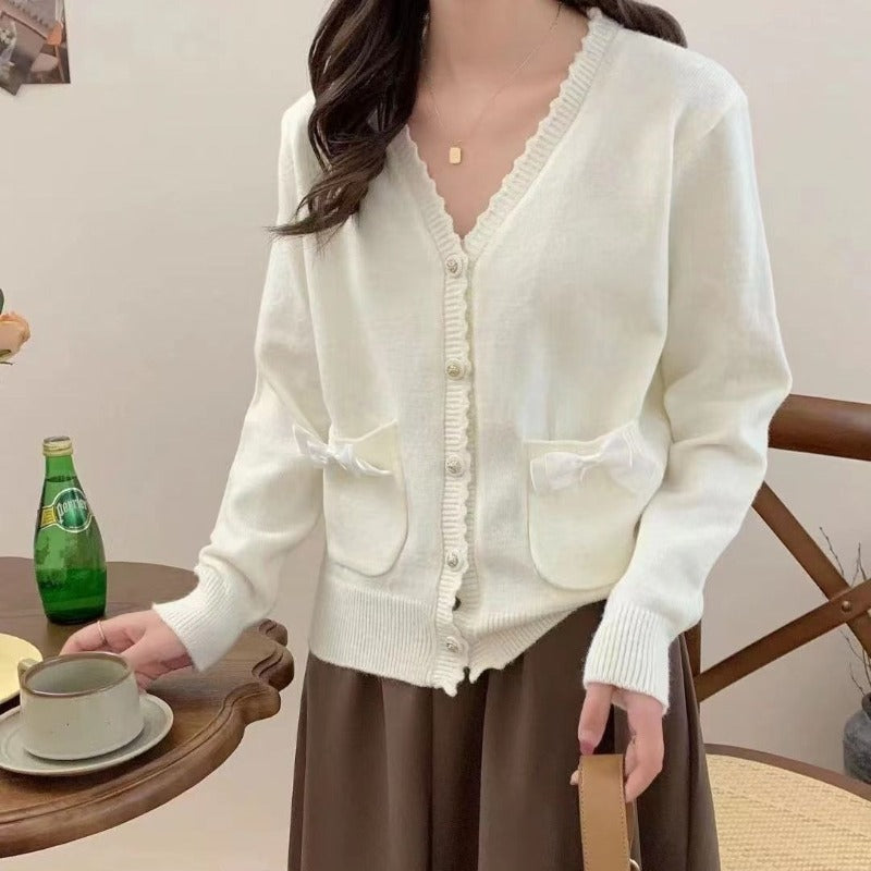 Women Knitwear Autumn and Winter Bow Pocket Sweater Loose Knitted Cardigan