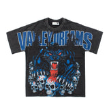 Hip-hop t shirts american street washed and distressed vintage black panther skull short-sleeved looseretro t-shirt