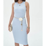 Women Dresses Summer round Neck Three-Dimensional Knitted Dress Slim-Fit Midi Skirt (Xds0414)