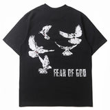 Hip-hop t-shirts: american high street retro short sleeve pigeon print loose fit casual sport crew neck t-shirt