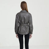 Women Leather Jacket Fall and Winter Lapels Long Sleeve Motorcycle Washed PU Leather Shirt Coat