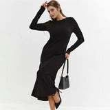 Women Dress Black Knitted Dress round Neck Long Sleeve Bottoming Skirt