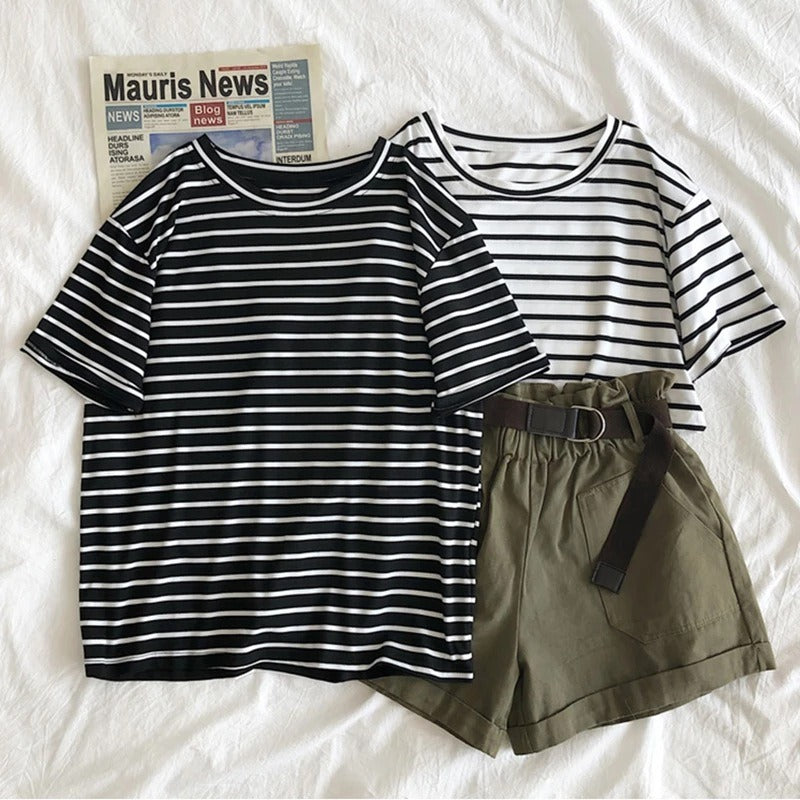 Women T-shirt Summer Stripes Short Sleeve Top Loose T-shirt