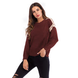 Women Knitted Sweater Casual Top Autumn Crew Neck Long Sleeve Color Matching Sweater