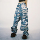 Men Jeans Tie-Dyed Straight Jeans Vintage Distressed Washed Loose Wide Leg Casual Trousers