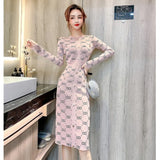 Women Maxi Dress Autumn Retro Hip-Wrapped Knitted Dress
