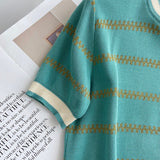 Women Sweater Knitwear Striped Loose Short Sleeve Knitted T-shirt Female Student O-neck Short Top