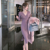 Women Maxi Dress Autumn Sexy Bag Arm Slim Fit Long-Sleeved Purple Knitted Dress