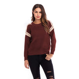 Women Knitted Sweater Casual Top Autumn Crew Neck Long Sleeve Color Matching Sweater