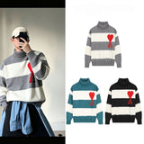Ami araunrifcontrast color big heart jacquard tops high collar easiest for match wool knitting sweatersweaterlong sleevesstripes