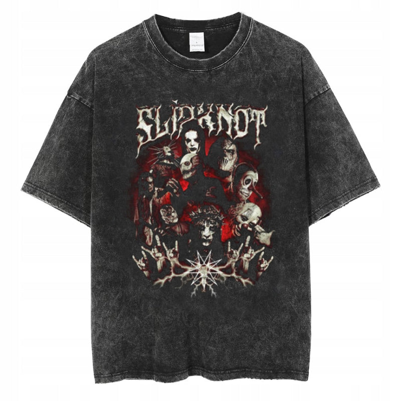 Washed Vintage Halloween Printed Street Vintage T-Shirt with Crew Neck Short Sleeves