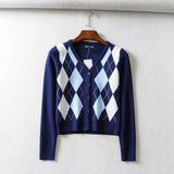 Women Sweater Knitwear Vintage Diamond Plaid Stitching V-neck Knitted Cardigan