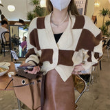 Women Knitwear Spring/Autumn V-neck Vintage Chessboard Plaid Loose Knitted Cardigan Coat