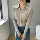 Women Knitwear Autumn Polo Collar Sweater Vintage Slim-Fit Knitted Cardigan