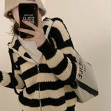 Women Knitwear Autumn and Winter Striped Hooded Sweater Coat Knitted Cardigan
