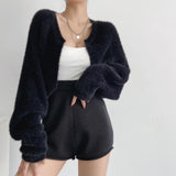 Women Sweater Knitwear Sexy Short Navel Knitted Top High Waist Loose Plush Cardigan Coat