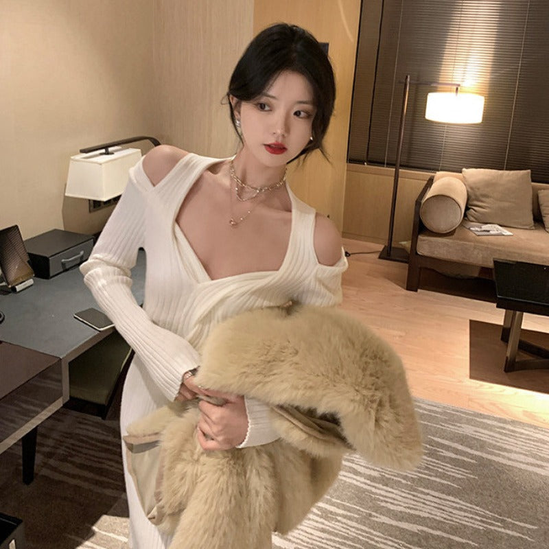 Women Maxi Dress Autumn and Winter off-the-Shoulder V-neck Knitted Long Sleeve Narrow Dress