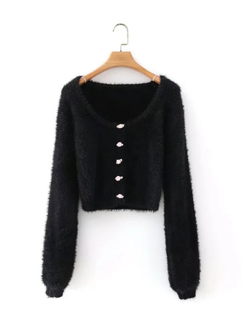 Women Sweater Knitwear Retro Square Collar Single-Breasted Long Sleeve Knitted Cardigan Jacket