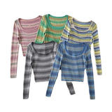 Women Sweater Knitwear Autumn Sexy Square Collar Striped Knitted T-shirt Long Sleeve Sweater