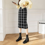 Women Knitted Skirt Autumn Vintage Black and White Plaid Knitted Plaid Sheath Skirt