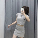 Women Sweater Knitwear Retro V-neck High Waist Exposed Navel Knitted T-shirt Sheath Skirt Suit