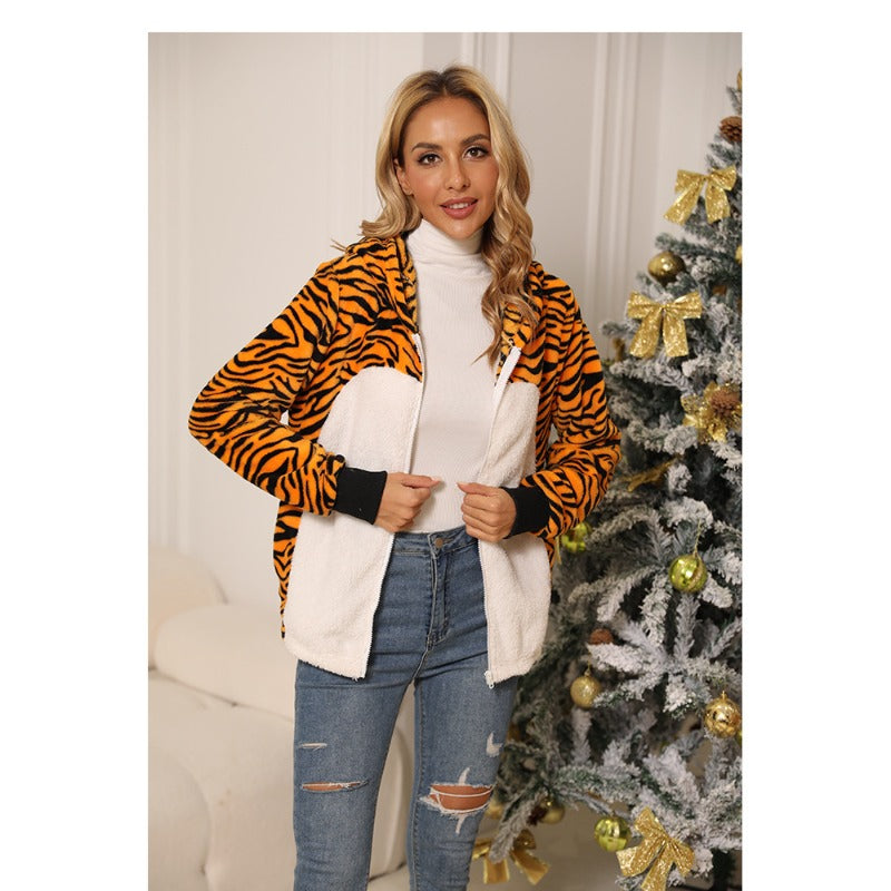 Women Trench Coat Autumn and Winter Long Sleeve Loose Zip Animal Pattern Flannel Casual Coat