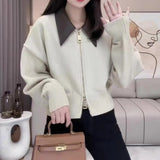 Women Knitted Cardigan Polo Leather Collar Stitching Double-Headed Zipper Sweater Coat