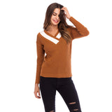 Women Knitted Sweater Casual Top Autumn Crew Neck Long Sleeve Color Matching Sweater