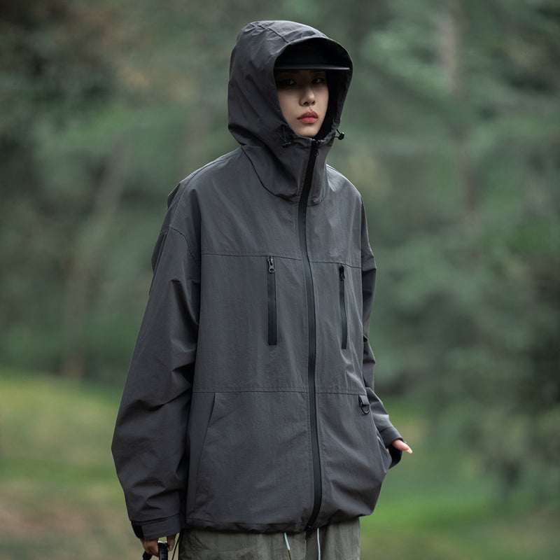 Unisex Outdoor Hoodie Autumn Zipper Large Hat Shell Jacket