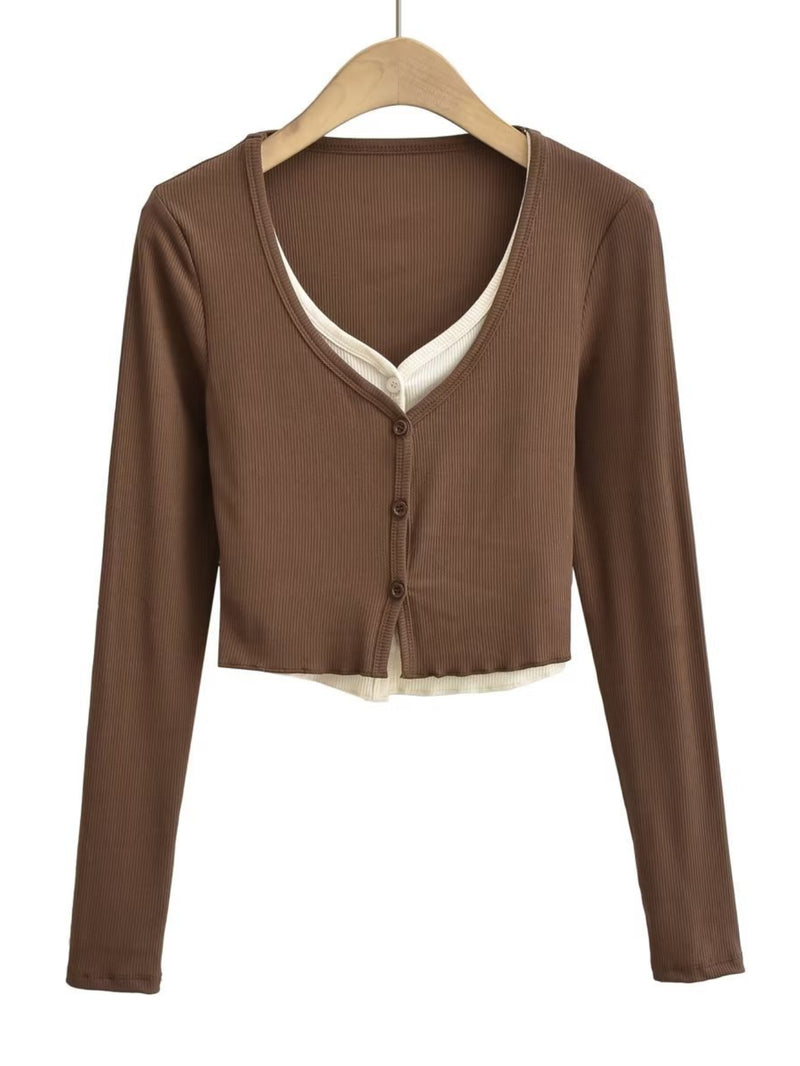 Women Sweater Knitwear V-neck Cardigan Knitted Long Sleeve Short T-shirt