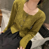 Women Knitted Cardigan Square Collar Spring and Autumn Sweater Loose Knitted Cardigan