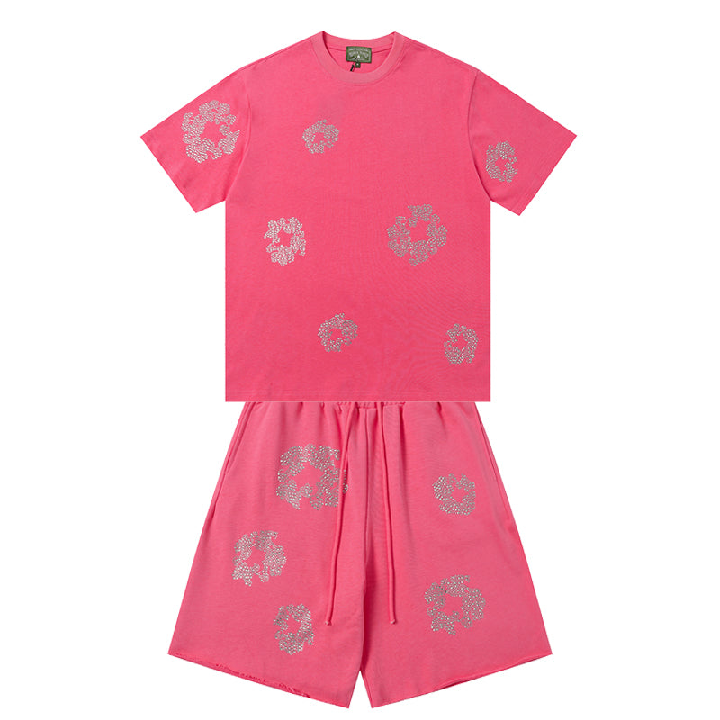 Denim Tears T shirt & Shorts 2 Piece Set Rhinestones
