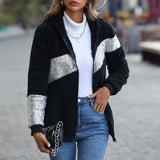 Women Trench Coat Casual Hooded Long Sleeve Sequin Stitching Zipper Double-Sided Velvet Cardigan Coat Autumn