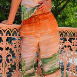 Women's pants - european & american style export - printed casual v-neck tie-up tank top & high-waisted printed wide-leg pants set for women