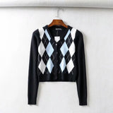 Women Sweater Knitwear Vintage Diamond Plaid Stitching V-neck Knitted Cardigan