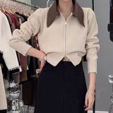 Women Knitted Cardigan Polo Leather Collar Stitching Double-Headed Zipper Sweater Coat