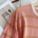 Women Sweater Knitwear Striped Loose Short Sleeve Knitted T-shirt Female Student O-neck Short Top