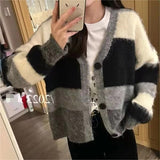 Women Knitwear Autumn and Winter Contrast Color V-neck Sweater Loose Knitted Cardigan
