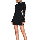 Women's Evening Dress Black Long Sleeve Bowknot Hollow-out Midriff Mini Skirt Sheath Bandage One-Piece Dress