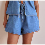 Women's pants: cross-border european and american style summer fashion casual sleeveless tie-waist high-waisted women's vest denim set shorts