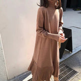 Women Maxi Dress Autumn and Winter Turtleneck Sweater Knitwear Long Sleeve Dress