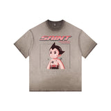 Washed distressed horror mickey saintmichaelmedm retro american t-shirt looseheavy weight round neck
