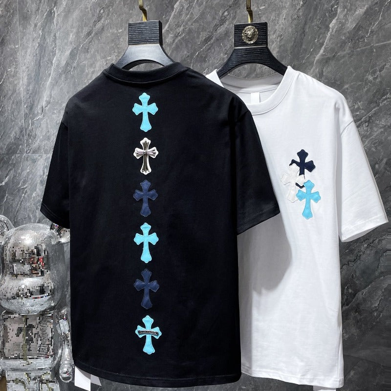 Ch hip-hop t shirts american ch heavy industry colorful leather cross contrast color short-sleeved trendyloosecasual high street