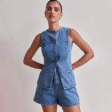 Women's pants: spring/summer amazon independent store fashion sleeveless cinched waist high-waisted loose denim shorts set (us/eu style)
