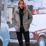 Women Trench Coat Autumn Lapel Long Sleeve Zipper Double-Sided Bubble Fleece Loose Casual Jacket