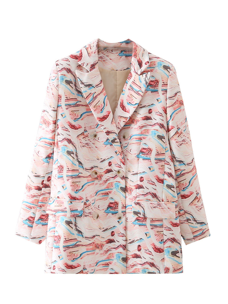 Women Suits Fall Lapels Long Sleeve Double Breasted Printed Casual Suit Jacket