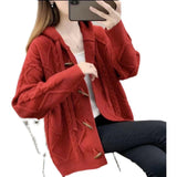 Women Knitted Cardigan Vintage Sweater Coat Loose Hooded Knit Cardigan