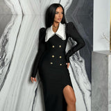 Women Dresses Long Sleeve Lapel Double Breasted Long Dress Party Dress Skirt (Ont0408)